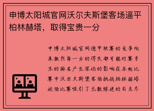 申博太阳城官网沃尔夫斯堡客场逼平柏林赫塔，取得宝贵一分